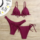 Sexy 3 Piece Bikini Set Women Solid Blue Purple Push Up Bandage Triangle Swimsuit Brazilian Beach Bathing Suit Swumwear Biquini
