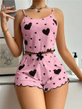 Summer Casual Sleepwear Heart Printed Pajama Set for Women Backless Crop Cami Top and Shorts Set Lounge Pijamas
