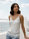 Fashion Summer Satin Tank Tops Women Solid Color Deep V Neck Sleeveless Adjustable Spaghetti Strap Lace Patchwork Vest