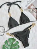 Halter Ribbed Metal Chains Diamond Bikini Women Swimsuit Female Swimwear Two-pieces Bikini Set Bather Bathing Suit Swim Lady