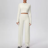 2 Pcs Women's Seamless Yoga Set Long-sleeved Wide-leg Pants Tracksuit Fitness Sports Set High-waisted Hip-lifting Slim-fit Suit