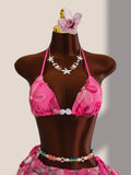 Sexy Pink Floral Embroidery Bikini Set 2026 Women Push Up Bra Triangle Swimsuit Holiday Bathing Suit Cover Up 3 Piece Swimwear