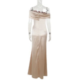 Elegant Satin Solid Color Off-Shoulder Women's Long Dress Sexy High-Waisted Flim Slit Pleated Dress for Lady Party Wedding