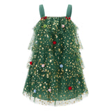 Women Fashion Christmas Dress Star Print Square Neck Sleeveless Layered Tulle Dresses with Plush Ball