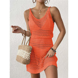 S - XL V Neck Hollow Out Crochet Knitted Tunic Beach Cover Up Cover-ups Beach Dress Mini Beach Wear Beachwear Female Women V7048