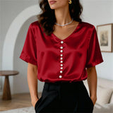 Women's Satin Short Sleeve T Shirt With Pearl Buttons Solid Color V Neck Loose Fit Elegant Office Lady Tees Summer Commuter Top
