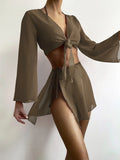 4PCS with Mesh Sarong Cover Up Long Sleeve Bikini Female Swimsuit Women Swimwear Four-pieces Bikini Bathing Suit Swim Beachwear