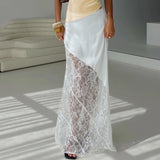 Women's Summer Satin Lace Patchwork Long Skirts Mid Waist Solid Color Fashion Elegant Asymmetric Skirts