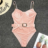 Ribbed Push up Underwired Metal Chain Women Swimwear One Piece Swimsuit Female Waist Belt Monokini Bather Bathing Suit Swim Lady