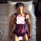 Erotic underwear for men, sexy purple pajamas, lace jumpsuit, open and easy to take off
