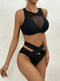 Sexy Mesh Sheer Hollow Out Bikini Female Swimsuit Women Swimwear Two-pieces Bikini Set See Through Bather Bathing Suit Swim Lady