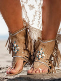 Retro Women Fringe Flower Wedges Shoes 2022 Solid Flock Beach Casual Sandals Women Summer Flip Flop Sandals