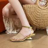 Women's Sandals Summer Luxury Designer  Lace Mesh Square Toe Shallow Narrow Strap Braided Slip-on High Heels Sandals