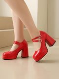 Women Silver Metallic Platform Mary Jane Shoes Double Rhinestone Buckle Chunky Block High Heels Y2K Vintage Square Toe Pumps