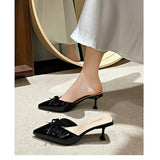 Patent Leather Bowknot Mule Slides Woman Pointed Toe Kitten Heel Pump Sandals Ladies  Bright Color Evening Party Dress Shoes