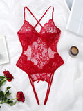 Crotchless Red Sexy Women's Underwear Lace Hollow Backless Bra Sets Teddy Erotic Costume Deep V Open Bra Bow Women Lingerie Set