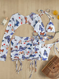 Long Sleeve Printed Halter Bikini Female Swimsuit Women Swimwear Four-pieces Bikini Set with Mesh Skirt Bathing Suit Beach Wear
