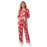 Womens 2 Pieces Christmas Pajamas Sets Print Furry Trim Button Up Long Sleeve Lapel V Neck Tops and Pants Lounge Wear