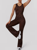 Sexy Brown Leopard Print Yoga Jumpsuit Women Hollow Out Backless Sleeveless Slim Gym Running One Piece Flare Pants Sports Suit