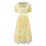 Foridol Gingham Printed Yellow Women Summer Dress Set Lace Top+skirt Sets Vintage French Style Midi Dress Oufits Plaid Vestidos