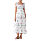 Flower Print Tie Strap Swing Dress Women A-Line Square Neck Tiered Ruffled Summer Bohemian Beach Long Tank Dress