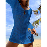 V Neck Long Sleeve Hollow Out Crochet Knitted Tunic Beach Cover Up Cover-ups Beach Dress Beach Wear Beachwear Female Women V7643