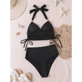 S - XXL 2026 Ribbed Halter Mid Waist Bikini Female Swimsuit Women Swimwear Two-Pieces Bikini Set Bather Bathing Suit Swim V6447