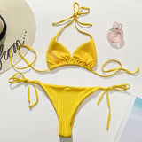 Sexy Ribbed Halter Micro Thong Bikini Female Swimsuit Women Swimwear Two-pieces Bikini Set Mini String Bather Bathing Suit Swim