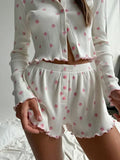 Women Ribbed Knitted Pajama Sets Floral Print Long Sleeve Top and Shorts Casual Loungewear Home Clothes Sleepwear