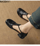 French Slip-on Single Shoes Retro British Shoes for Women Brown T-Strap Shallow Flat Sandals Soft Leather Rome  Summer New 32-43