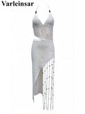 New Tassels Asymmetric Halter Crochet Knitted Tunic Beach Cover Up Cover-ups Beach Dress Beach Wear Beachwear Female Women V8257