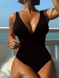 2026 V Neck Swimsuit One Piece Solid Vintage Swimwear Women One-piece Bathing Suit Female Padded Beach Wear Swimming Beachwear
