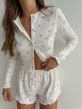 Women Ribbed Knitted Pajama Sets Floral Print Long Sleeve Top and Shorts Casual Loungewear Home Clothes Sleepwear