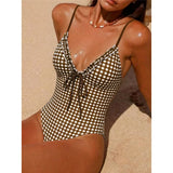 S - XL Striped Plaid V Neck Women Swimwear One Piece Swimsuit Female Frilled High Leg Cut Padded Bather Bathing Suit Swim V8288