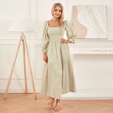 Women Spring Fall Long Dress Long Sleeve Dress Square Neck Embroidery Flower Loose Swing Dress Wit Pocket