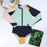 2025 Women's Rashguard Long Sleeves One Piece Swimsuit Patchwork Swimwear Zipper Monokini Surf Bathing Suit Sports Bodysuit S-XL