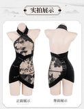 Chinese Traditional Lace Cheongsam Mini Dress Women Sexy Lingerie See-through Embroidery Halter Elegant Qipao Skirt