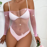 New See-through Women's Underwear Fishnet Bodysuit Sparkle Rhinestone Sexy Mesh Tight Teddys Lingerie Bodysuit Erotic Costumes