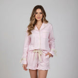 Women Spring Summer Striped Print Pajamas Set Long Sleeve Button-up Tops and Ruffle Shorts 2 Piece Sleepwear Outfit