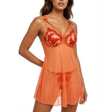 Summer-exclusive orange and peach sexy sleepwear set - sheer see-through lace bralette set for ladies ZA825066