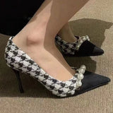 Fashion Pearls Decoration High Heels Shoes Women Plaid Thin Heels Party Pumps for Woman Spring Autumn Pointed Toe Pumps Female
