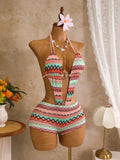 Sexy Hot Pink Knitted Striped Swimsuit 2026 Women Metal Circle Patchwork Hollow Backless Beach Bathing Suit One Piece Swimwear