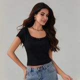 Women's Summer Solid Color Basic T-Shirts Casual Slim Fit Stylish Lace Trim Bow Crew Neck Short Sleeve Crop Tops