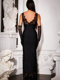 Ahagaga Lace Women's Party Maxi Dresses Solid Skinny V-Neck See Through Camisole Blackless Bodycon Sleeveless Vestidos Robes
