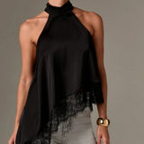 Solid Color Satin Halter Neck Vest for Women Summer Sleeveless Open Back Irregular Lace Hem Tank Tops