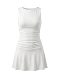 2026 Fashion Women Tank Dress Dots Print/Solid Color Sleeveless Slim Fit Ruched Short Dress for Daily Office Party