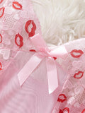 Pink Lips Sexy Lingerie Kawaii Babydoll Dress Women Lace See Through Nightdress Sleepwear Soft V Neck Erotic Pajamas With Thongs