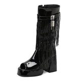 Plus Size Women White Patent Leather Fringe Tassel Mid Calf Boots Peep Toe Platform Block Heel Open Toe Party Club Heels