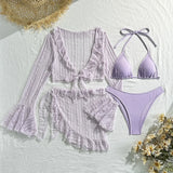 DEKA 4Pcs/Set Mesh Sheath Bikini Set Female Mini Camis Briefs Short Skirt Swimwear Fashion Drawstring Long Sleeve Boho Swimsuit