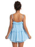 Women's Summer Solid Color Romper Dress Sleeveless Tie Spaghetti Strap Ruffle Jumpsuit Shorts Playsuit